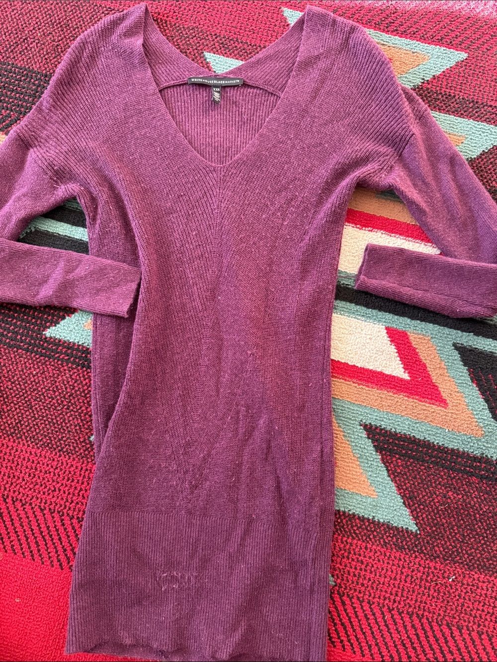 White House Black Market Plum V-Neck Long Sleeve Sweater Dress